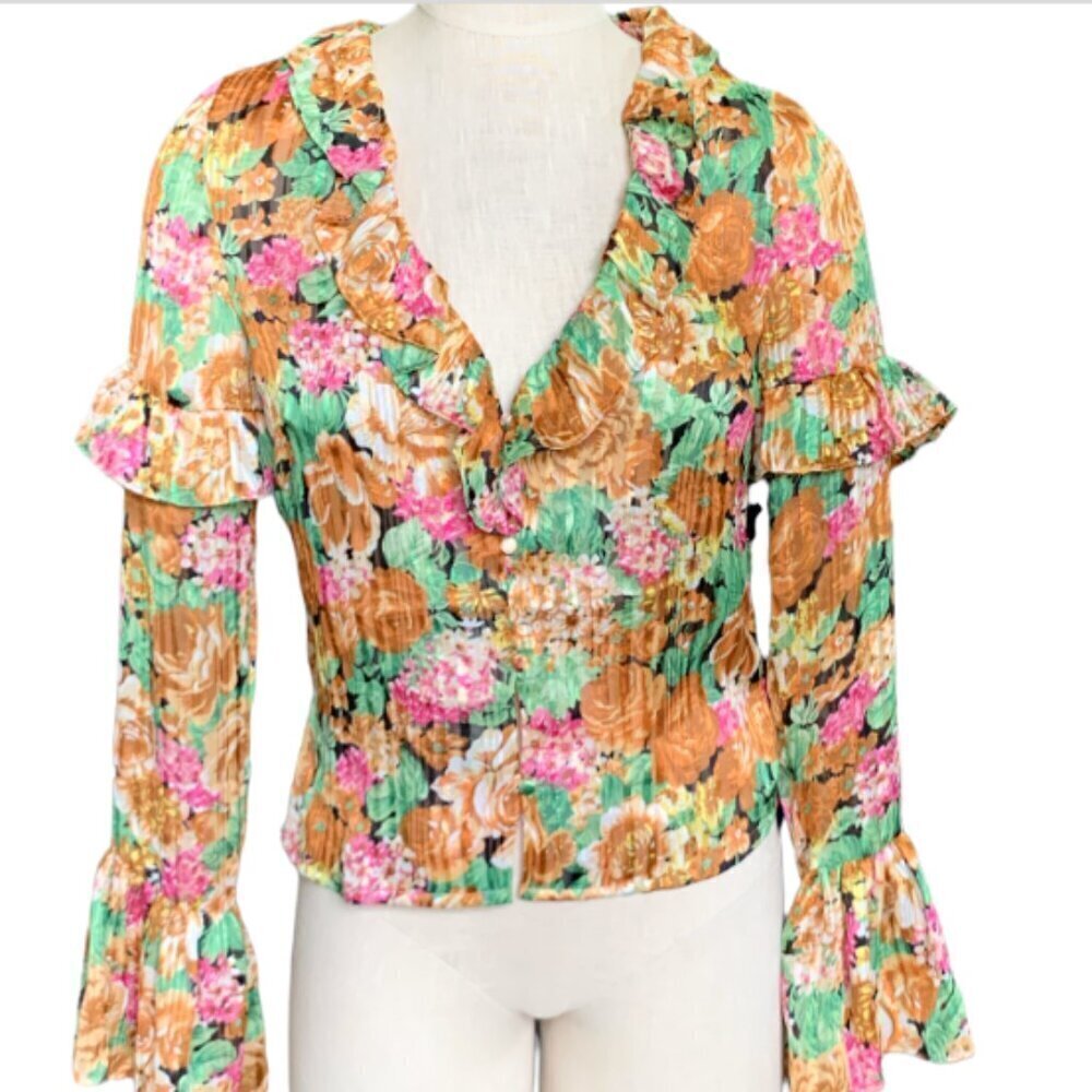 NWT Nasty Gal Top Petal Night Long Floral Ruffle Button Up Gold Metallic 4 #44J